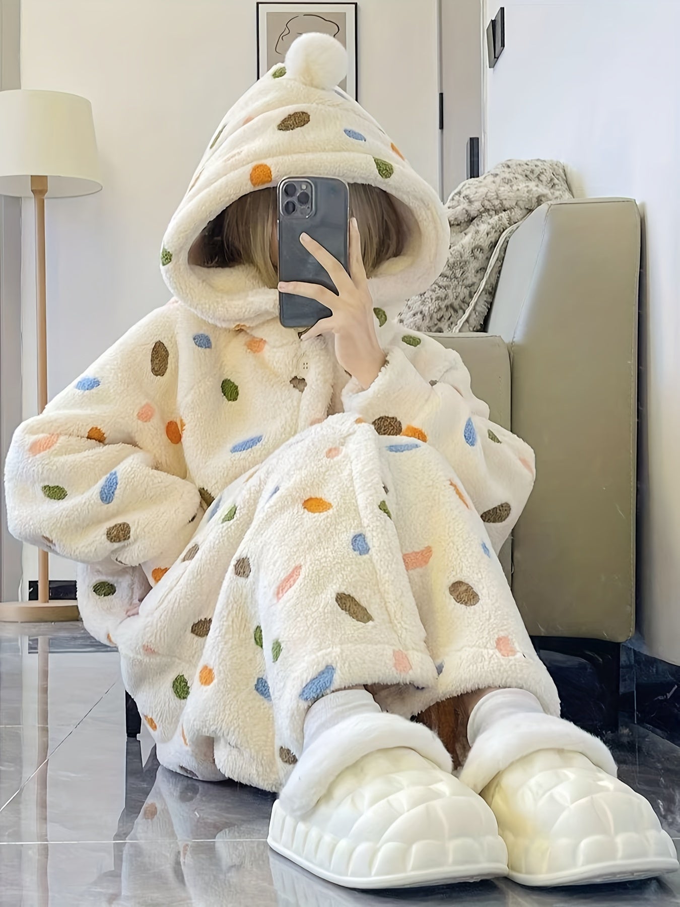 Women's Coral Fleece Pajamas，Bathrobe，Winter Girl Sweet Polka Dot Flannel Hooded Nightdress Home Wear Nightdress