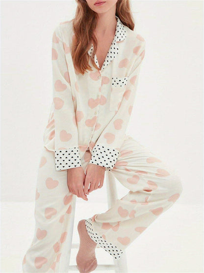 Ladies2Heart-Shaped Spotted Printed Pajamas Suit Long Sleeve Button Top Elastic Waist Trousers Pajamas Suit