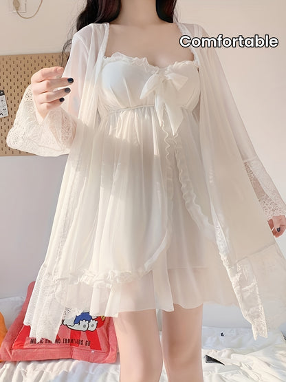 Women's Sweet Solid Color Mesh Contrast Color Lace Pajamas Suit，Long Sleeve Robe and Front Bow Sweetheart Collar Covered Sling Dress，Comfortable and Loose Autumn Version