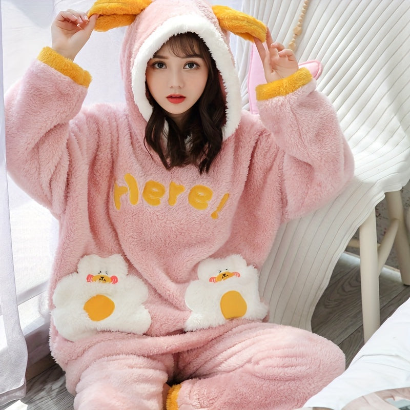 Women's Winter Furry Lamb Fur Oversized Hooded Pajamas Suit，with Cute Cartoon Letters，Comfortable and Warm Adult Homewear