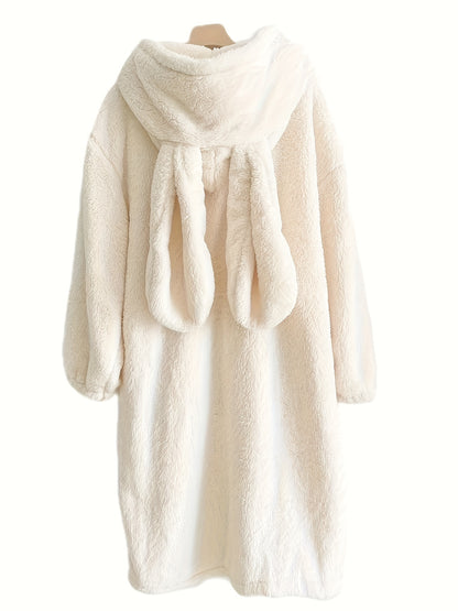 Cute Rabbit Hooded Wool Nightgown，Thick Long Sleeve Button Robe，with Pocket，Women's Pajamas and Dress