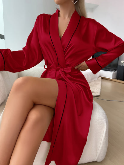 Solid Color Satin Nightgown，Elegant Long Sleeve V Collar Robe with Belt，Women's Pajamas