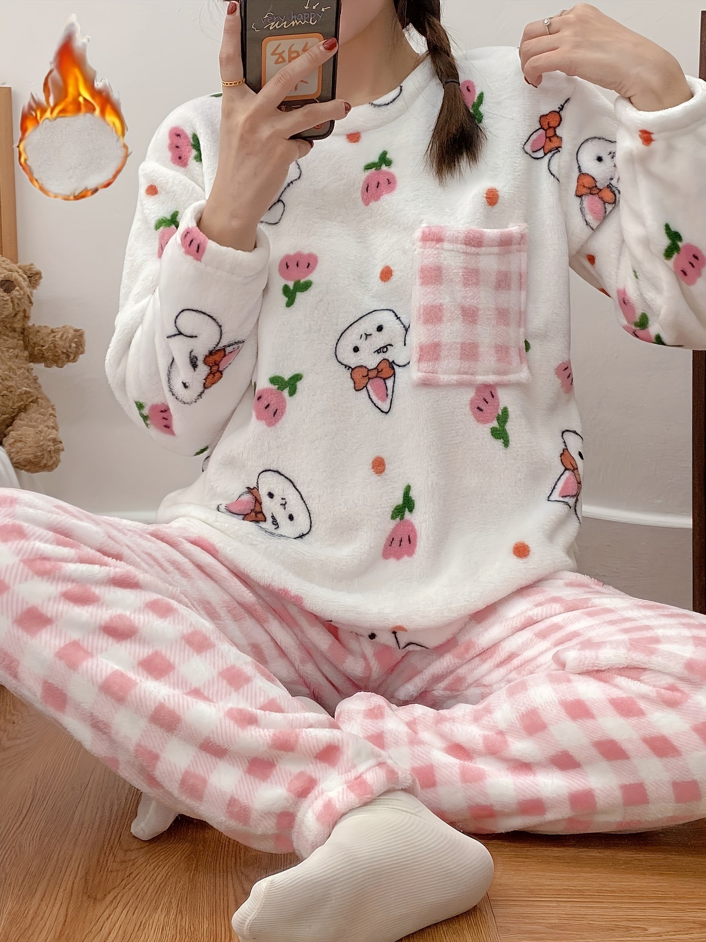 Winter Warm Women's Flannel Pajamas Suit，Cute Bunny Plaid Pattern Casual Homewear Suit