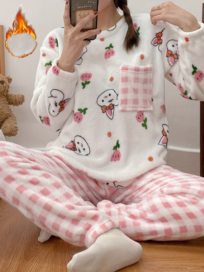 Winter Warm Women's Flannel Pajamas Suit，Cute Bunny Plaid Pattern Casual Homewear Suit