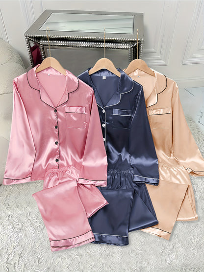 3 Women's Satin Pajamas Suit - Casual Solid Color Long Sleeve Shirt and Elastic Waist Pants，Lapel，Button Details，Woven Polyester，Autumn and winter pajamas