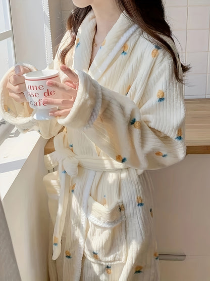 Fall and Winter Cute Full Body Carrot Pattern Rib Velvet Thick Night-Robe，Long Sleeve Lapel Nightgown with Pockets，Women's Pajamas and Dress