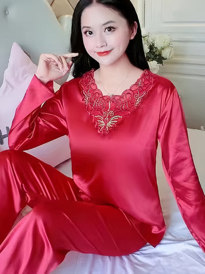 Women's Autumn and Winter Long-Sleeved Lace Satin Pajama Pants Suit，Fashion Comfortable Pajamas Suit，2Pajamas Set，Elegant Style，Autumn and Winter