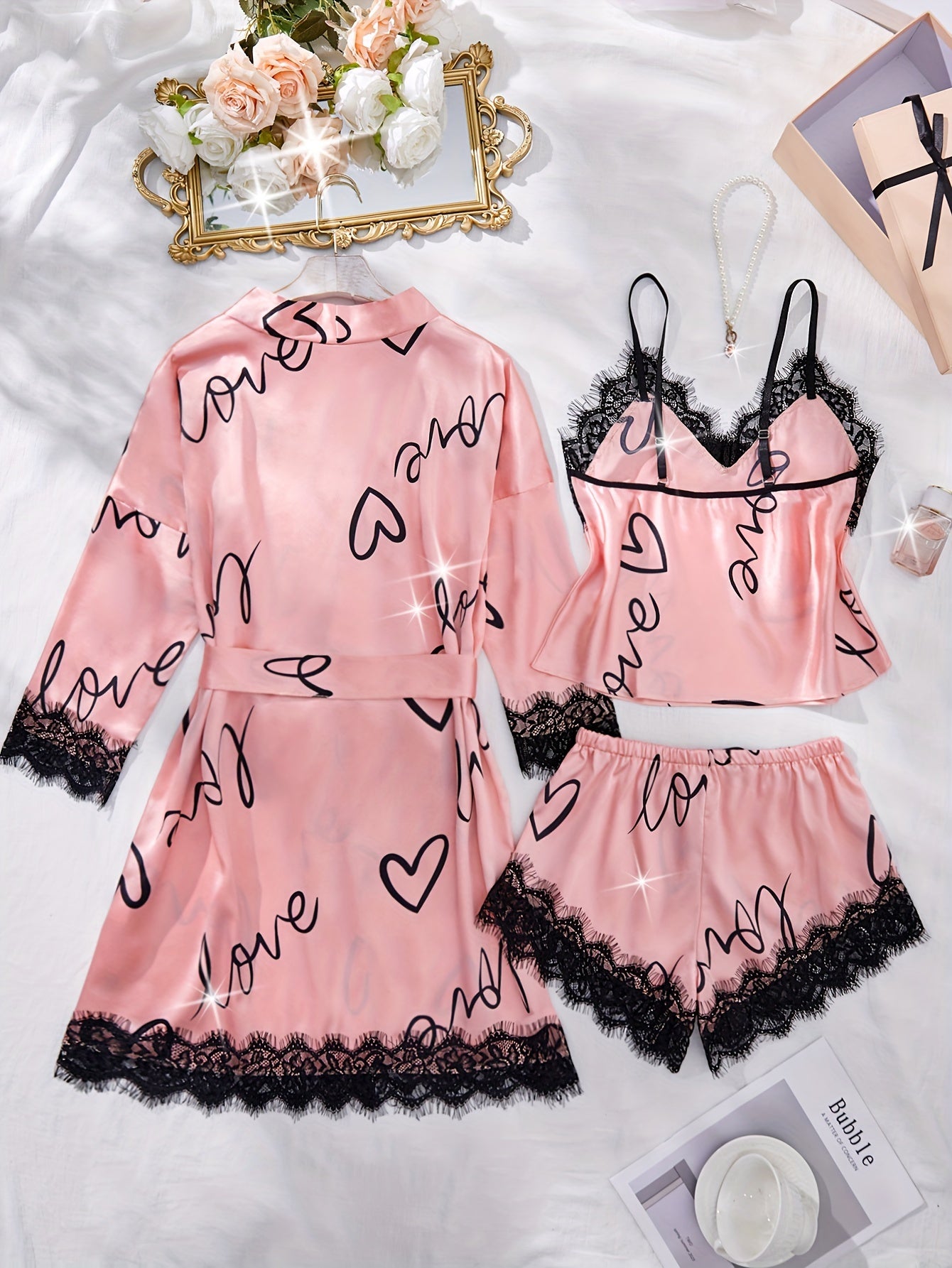 4Women's Satin Pajamas，with Lace Edge - Letter Printed Robe，Top and Shorts with Suspenders，Contrast Color Lace，Four Seasons Casual Wear，Polyester Fiber and Spandex，Weaving，Spaghetti strap，with Belt