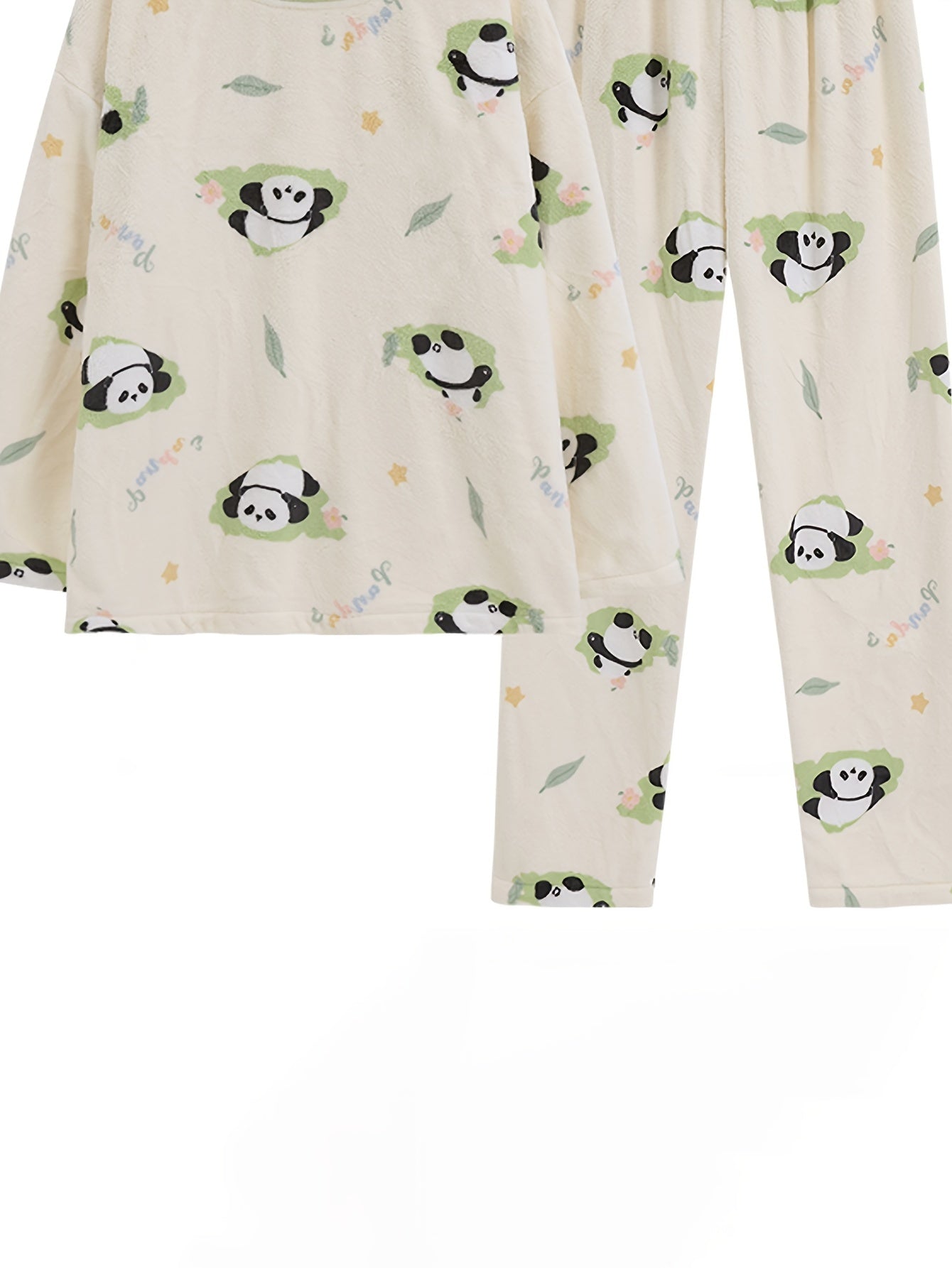 2 Women's Winter Flannel Pajamas Suit - Cute Cartoon Panda Pattern，round Neck，Long Sleeve，Knitted Fabric，Warm and Comfortable Homewear