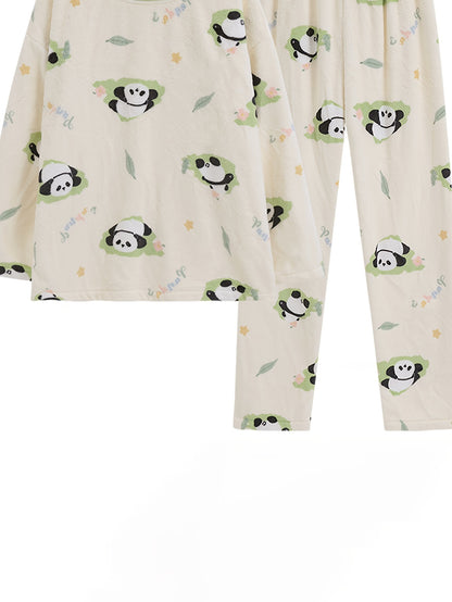 2 Women's Winter Flannel Pajamas Suit - Cute Cartoon Panda Pattern，round Neck，Long Sleeve，Knitted Fabric，Warm and Comfortable Homewear