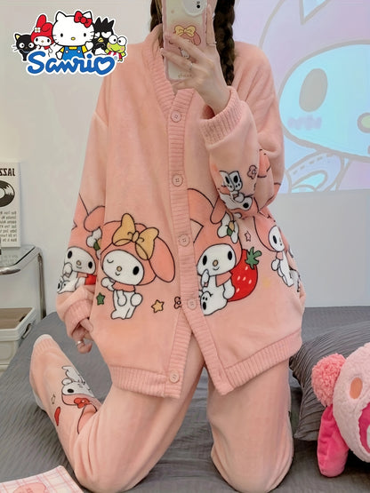 2 Set of Sanrio Authorized Cartoon Pattern Long-Sleeved Pajamas Suit，Thick Warm Loungewear，Sweet Cute Pajamas，Outerwear Homewear 2 Set