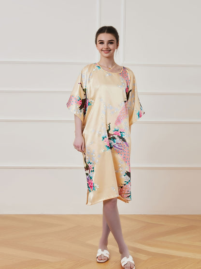 Elegant Women's Floral Peacock Nightdress - Lightweight Breathable Satin Pajamas，Three-Quarter Sleeve，round Neck - Casual Loose，Suitable for Spring/Summer Home Casual Wear