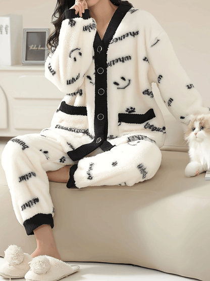 Cozy Cartoon Printed Women's Pajama Suit - Thick fleece V Collar Cardigan and Trousers，Machine Washable