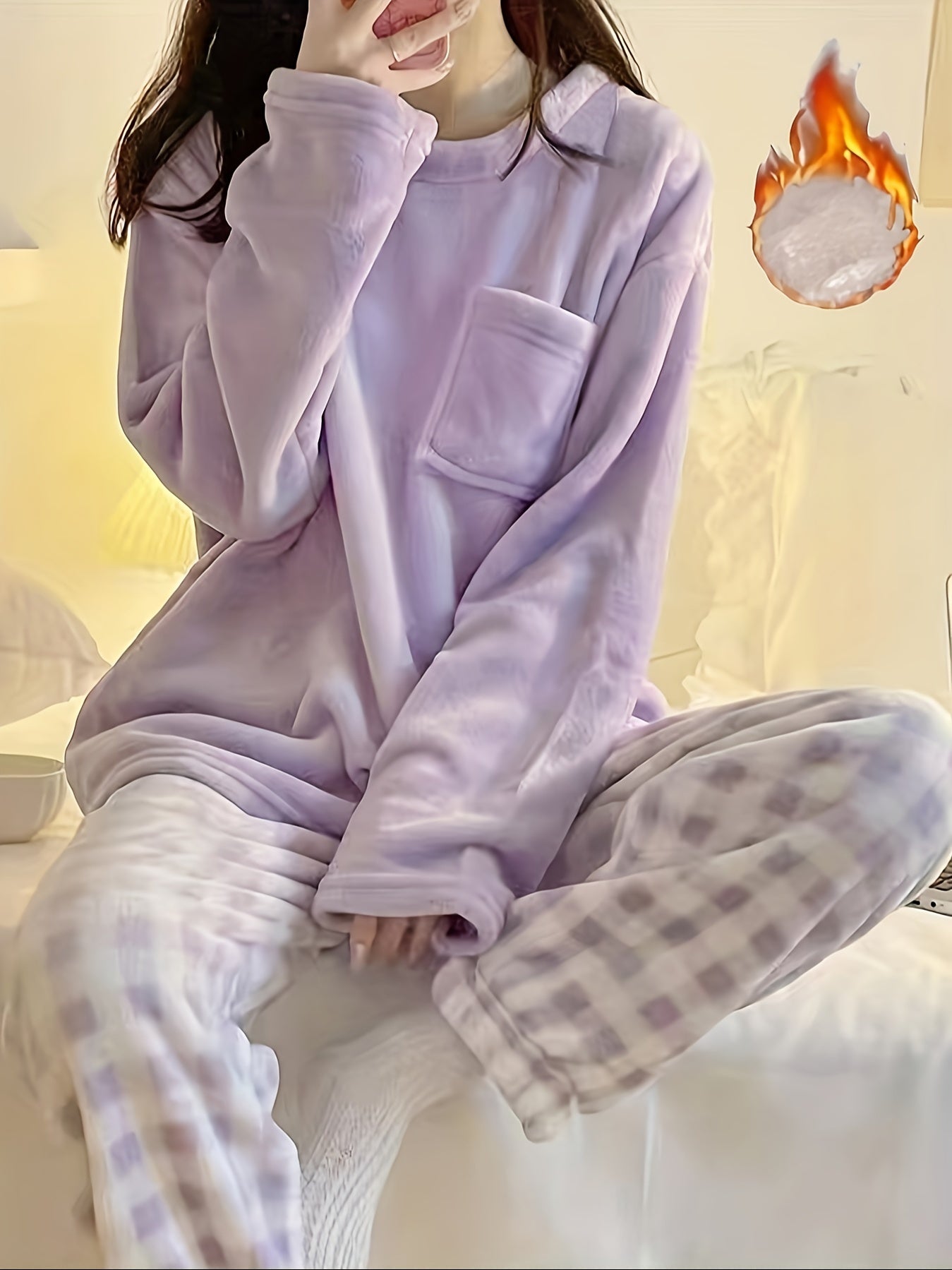 Soft and Warm Pajamas Suit，Comfortable Long-Sleeved Pajamas Top and Plush Plaid Pajama Pants，Ladies' Homewear and Pajamas