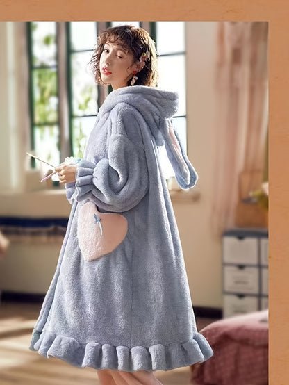 Women's Elegant Night Pajamas with Heart Pocket Details，100% Knitted Polyester Fabric，Color Matching Design，Autumn and Winter Warm，Long Pajamas，Novelty Wearable Blanket Home Wear