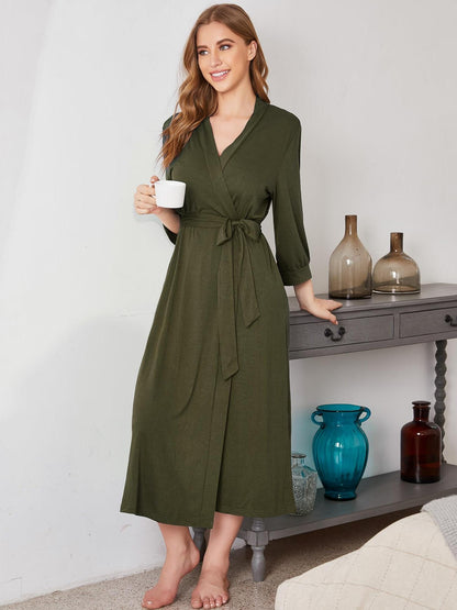 Elegant V Collar Women Bathrobe - Lightweight Viscose Fiber Loungewear Gown，Lace up，Knitted Spa Style，Long Straight Skirt，Suitable for All Seasons3/4Sleeve