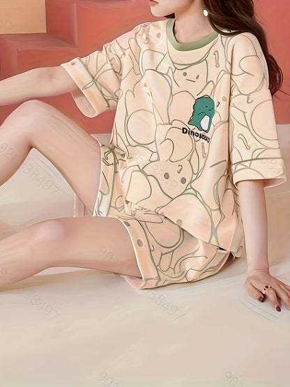 Cartoon Dinosaur Print Pajamas Suit，Cute Short Sleeve round Neck Top and Shorts，Women's Pajamas and Homewear