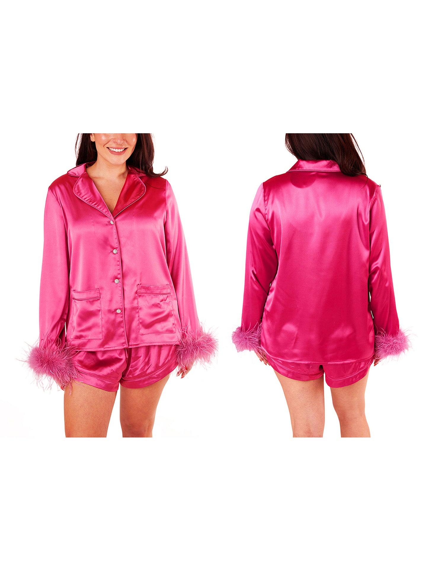 Women's Satin Clothing Solid Color Lapel Long Sleeve Top with Feather Cuffs + Shorts Suit Fashion Clothing