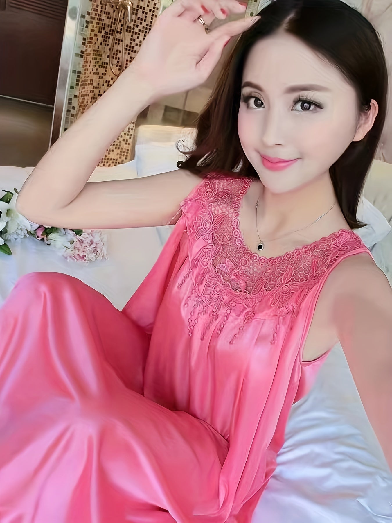 Women's Spring/Summer Ice Silk Home Wear Nightdress Dress Home Wear Lace Stitching Nightdress Comfortable Dress Nightdress