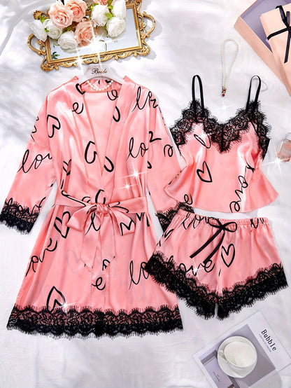 4Women's Satin Pajamas，with Lace Edge - Letter Printed Robe，Top and Shorts with Suspenders，Contrast Color Lace，Four Seasons Casual Wear，Polyester Fiber and Spandex，Weaving，Spaghetti strap，with Belt