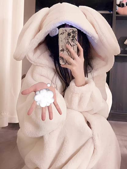 Cute Rabbit Hooded Wool Nightgown，Thick Long Sleeve Button Robe，with Pocket，Women's Pajamas and Dress