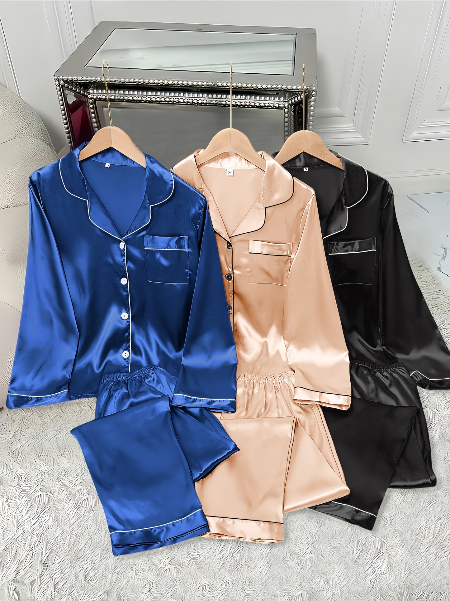 3 Women's Satin Pajamas Suit - Casual Solid Color Long Sleeve Shirt and Elastic Waist Pants，Lapel，Button Details，Woven Polyester，Autumn and winter pajamas