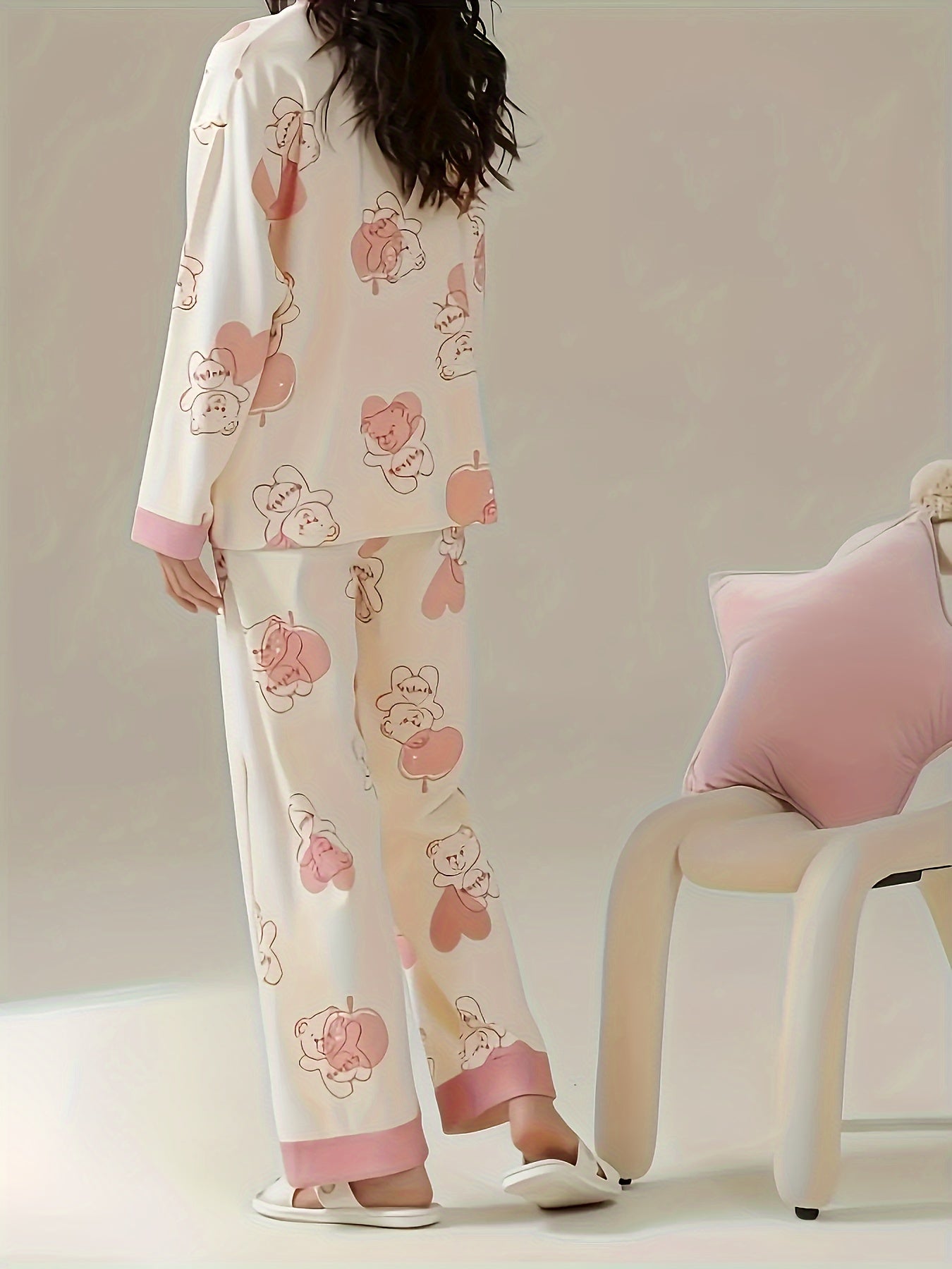 Cartoon Bear Print Pajamas Suit，Long Sleeve Button Top and Elastic Waistband Pants，Women's Pajamas and Homewear