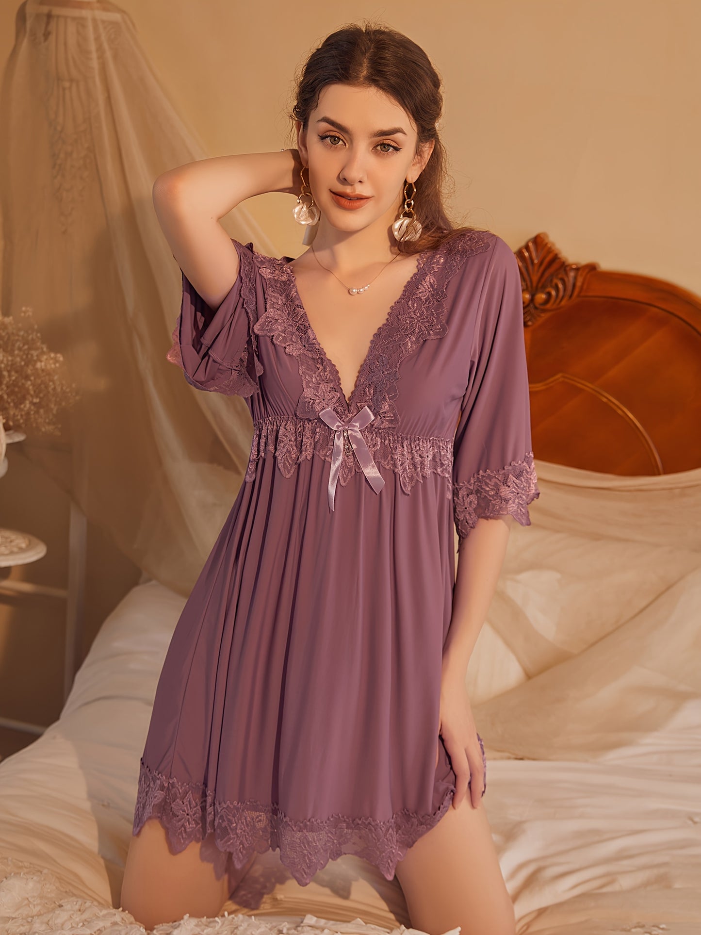 【Popular Choice】Sexy and Beautiful V Collar Bow Soft and Comfortable Stitching Lace Nightdress