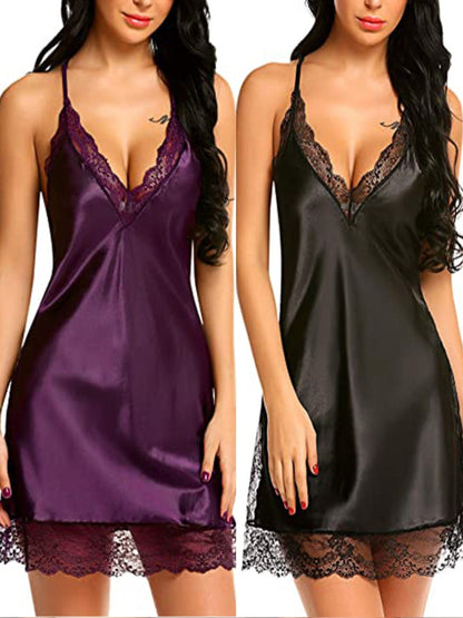 2Women's Sexy Lace Pajamas，V Collar and Satin Slip Dress and Adjustable Shoulder Strap Design，Solid Color，All-Season Pajamas，Ultimate Comfort