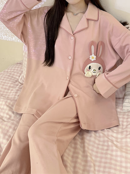 Women's Cute Rabbit Cartoon Pajamas Suit，Pink Long Sleeve Collar Top and Trousers，Knitted Polyester 95% Scalability 5%，Spring and Autumn Leisure Homewear，Without Belt，Button Closure，280g/m² Textile Weight