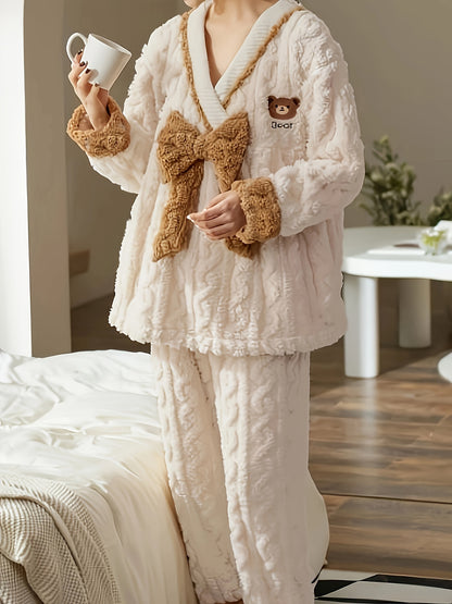 Comfortable Coral Fleece Women's Pajama Suit，Design with Cute Bear and Bow - V Collar，Long Sleeve，Machine Washable - Perfect Choice for Autumn and Winter