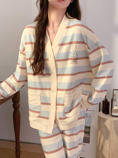 Homewear Suit、Pajamas Suit、Cardigan Design、Wearable Pajamas Suit、Striped Pajamas Suit-Women's pajama suit