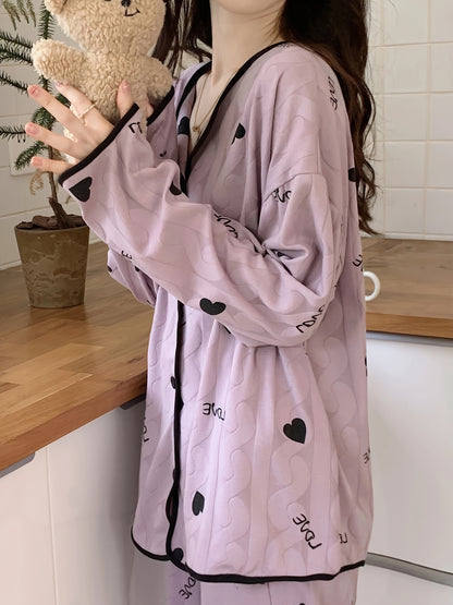 Women's Elegant Spring and Autumn Long Sleeve Pajamas，Love Heart Simplicity Lazy Style，Two-Piece Homewear