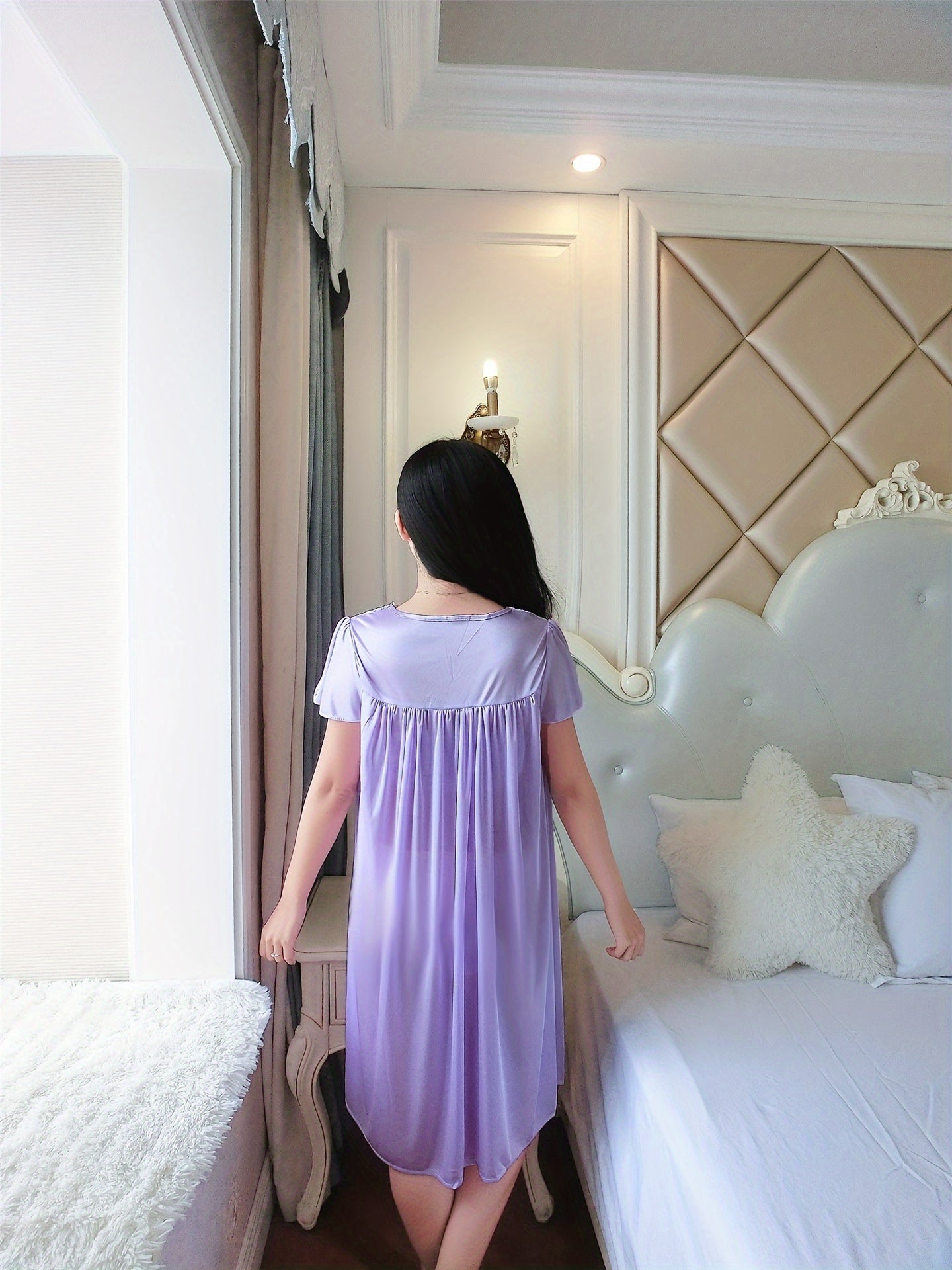 Elegant Ladies Travel Nightgown：V Collar，Short Sleeve，Embroidered Edge，Silk Satin，Light，Spring and Summer，Adult Size，Suitable for Hotels Or Families