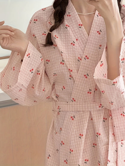 Dream night，Elegant Women's Long Pajamas - V Collar，Floral Printed Tape Lace-up Details，Machine Washable - Perfect Choice for Spring and Autumn