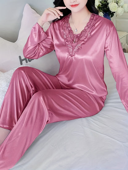 Women's Autumn and Winter Long-Sleeved Lace Satin Pajama Pants Suit，Fashion Comfortable Pajamas Suit，2Pajamas Set，Elegant Style，Autumn and Winter