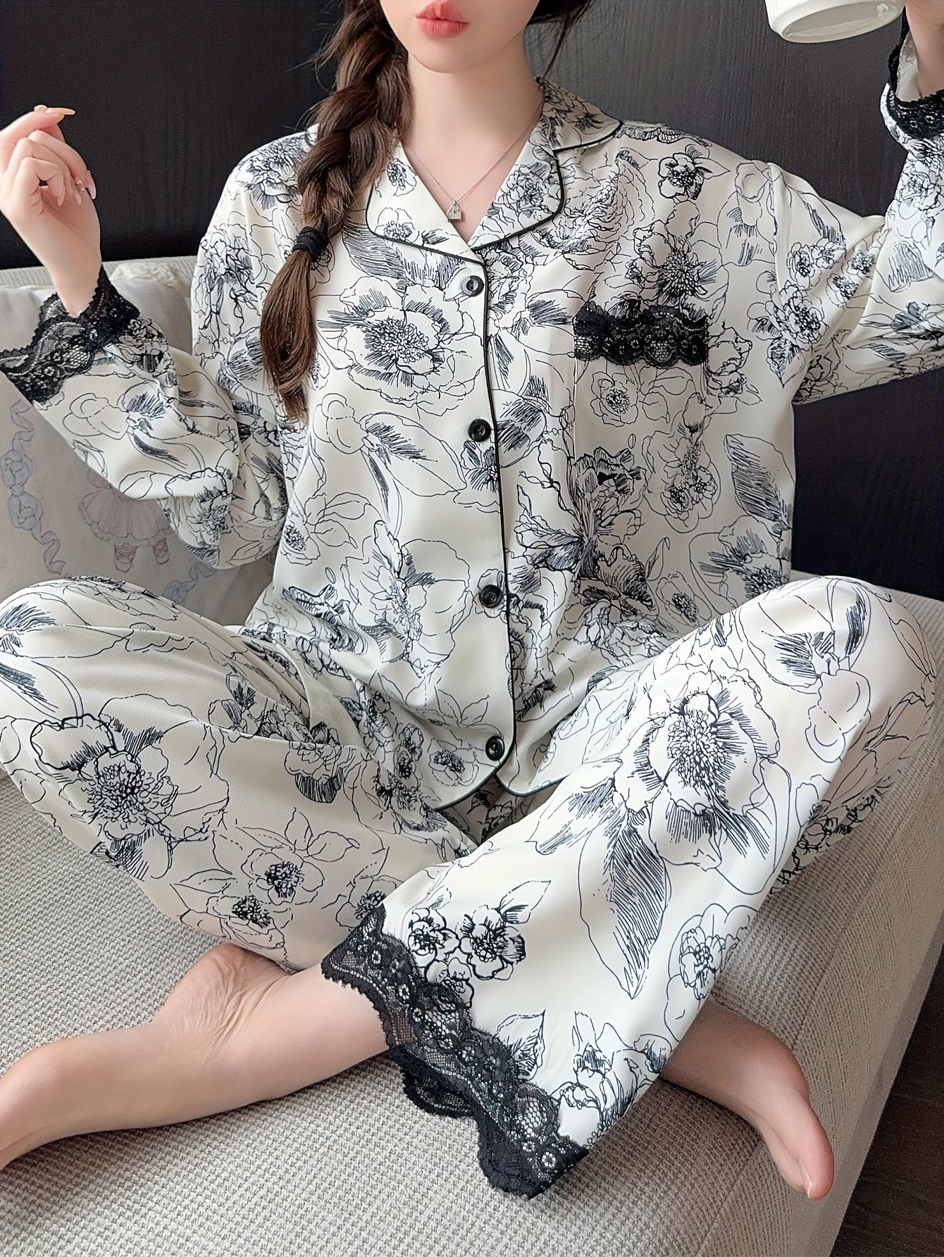 Women's Long-Sleeved Pajamas Printed Lace Cardigan Suit Homewear