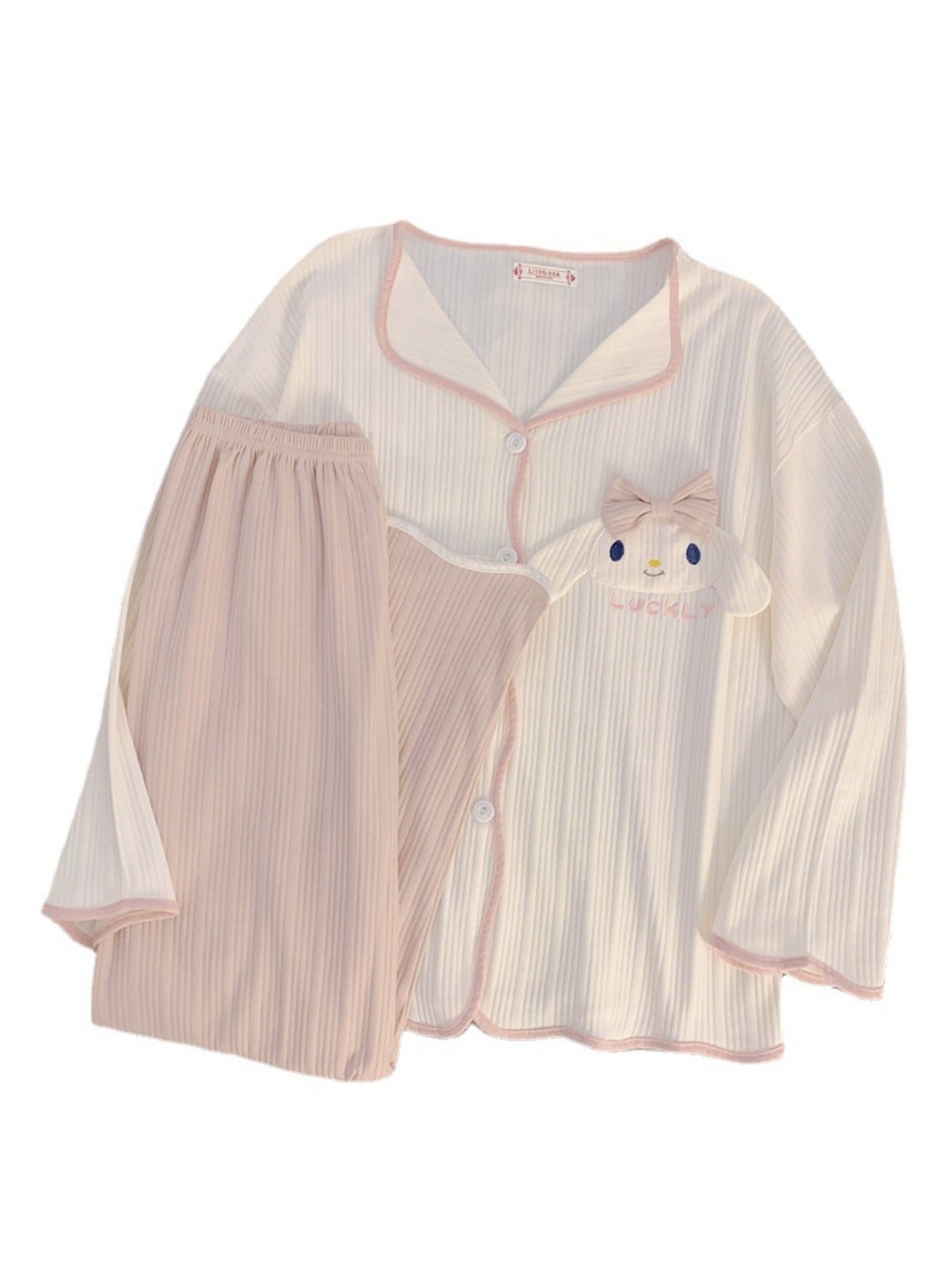 2Pieces Sanrio Women's pajama suit，Sweet Lapel Long Sleeve Top with Bowknot and Embroidered Dog，Solid Color Polyester Knitted Fabric，Trousers，Spring and autumn pajamas