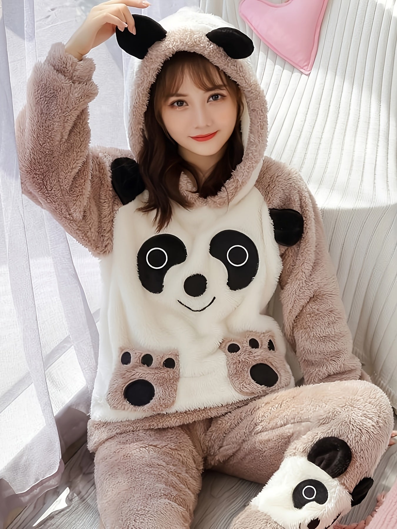 Women's Winter Pajamas Suit，Cute Cartoon Panda Hooded Long Sleeve Top，Embroidered Fluff，Thick Warm Polyester Home Wear，100%Polyester Knitted Fabric，Adult Casual Wear