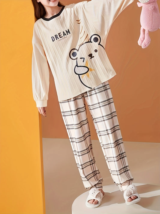 Women's Casual Cartoon Bear Pattern round Neck Long Sleeve Pajamas Suit，Polyester Knitted Fabric Top with Patterned Trousers，Comfortable Four Seasons Pajamas