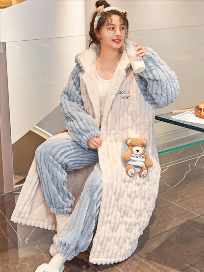 Winter Cartoon Bear Hooded Pajamas Suit，Women's Cute Style Polyester Long Sleeve Bathrobe and Pants，Embroidery Plush Homewear，Thick Velvet Lined Warm Pajamas，Hooded Design