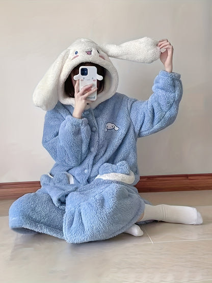 [Authorization] Sanrio Home Wear Women's Plush Thickened Long Nightdress，Hello Kitty Coral Velvet Pajamas Long Sleeve Homewear Thickened Thermal Coral Fleece Homewear，Sweet Cute Pajamas Outerwear Homewear Nightdress