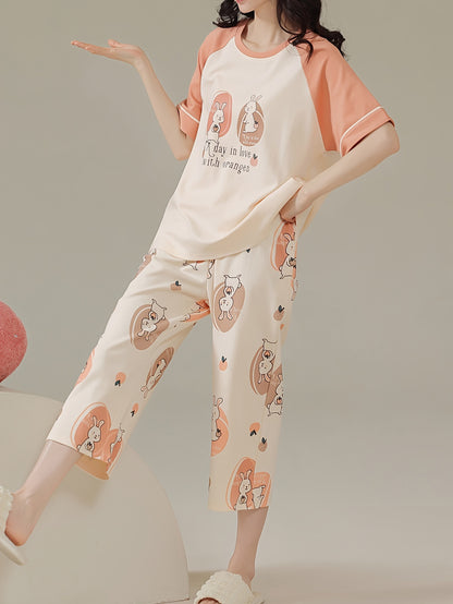 Women's Cartoon Pajamas Suit - Comfortable Polyester Blending，Short Sleeve and Shorts，Round Neck Pullover - Perfect Choice for Summer Home Wear