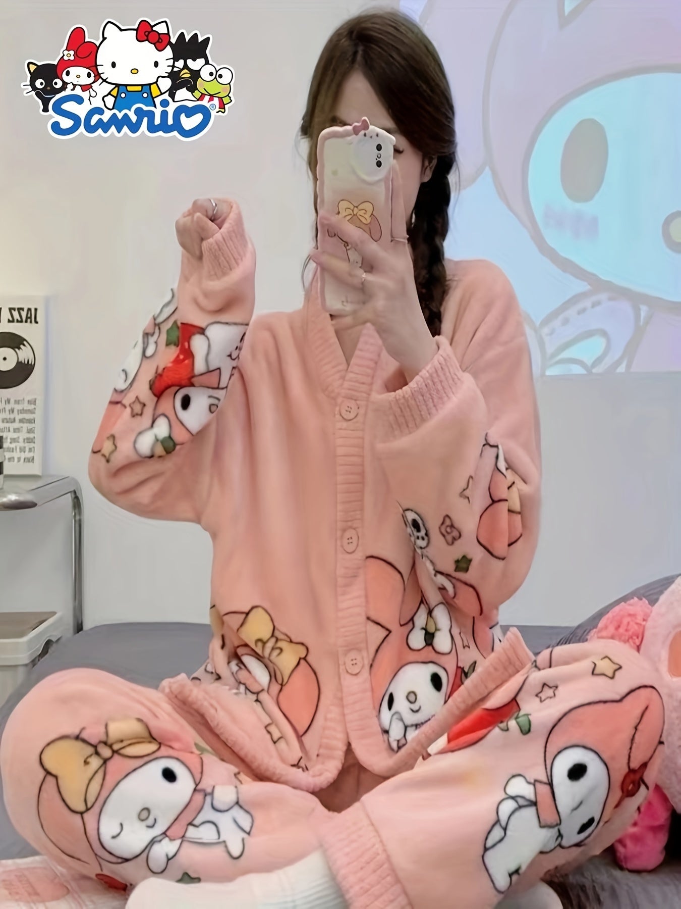 2 Set of Sanrio Authorized Cartoon Pattern Long-Sleeved Pajamas Suit，Thick Warm Loungewear，Sweet Cute Pajamas，Outerwear Homewear 2 Set